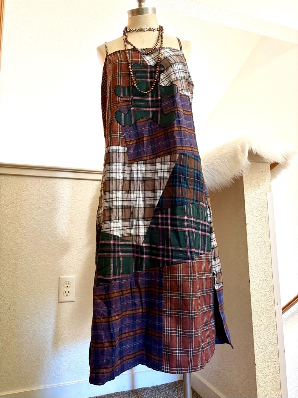 NWT L Teddy Fresh Patchwork Brown Plaid Grunge Comfy Dress